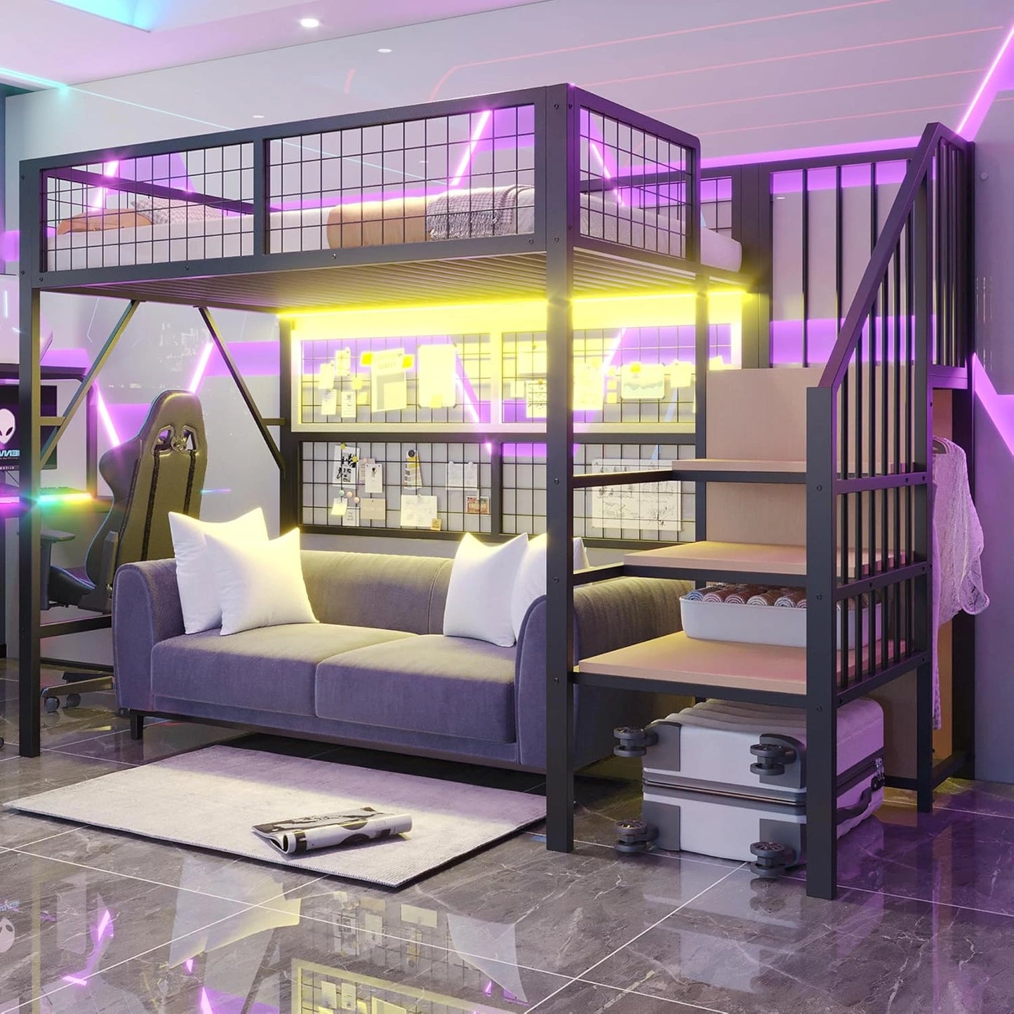 Lit Mezzanine en Métal 90x200 cm avec Éclairage LED, Échelle de Rangement et Armoire, Espace Libre, Noir