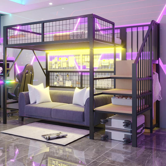 Lit Mezzanine en Métal 90x200 cm avec Éclairage LED, Échelle de Rangement et Armoire, Espace Libre, Noir