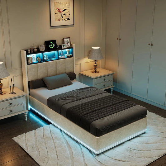 Lit Coffre Beige 90x200 cm avec LED, Ports USB et Rangement
