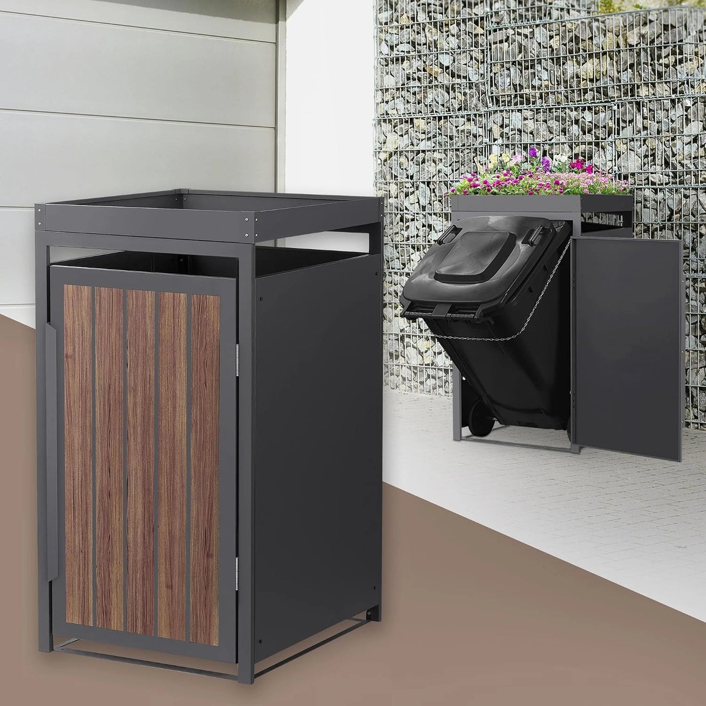 Cache-Poubelle Anthracite 240L en Acier, Aspect Bois Foncé, Résistant aux Intempéries