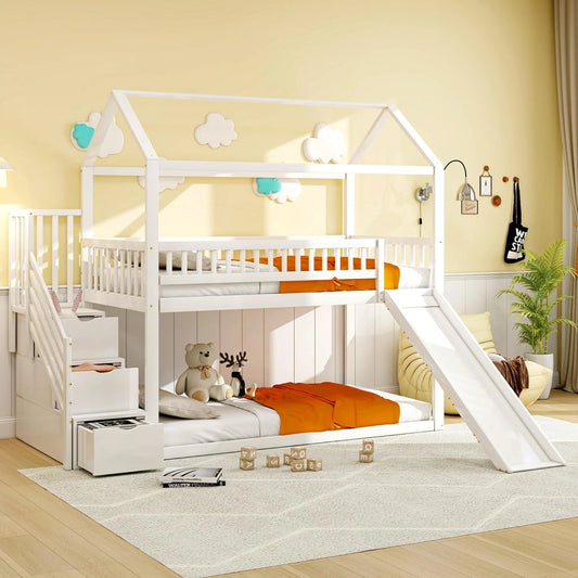 Lit Enfant Multifonction 90x200 cm avec Toboggan et Rangements, Structure Sécurisée Bois Blanc