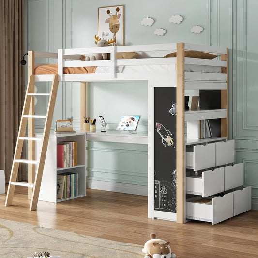 Lit Mezzanine Enfant avec Bureau et Rangement 90x200 - Blanc et Naturel