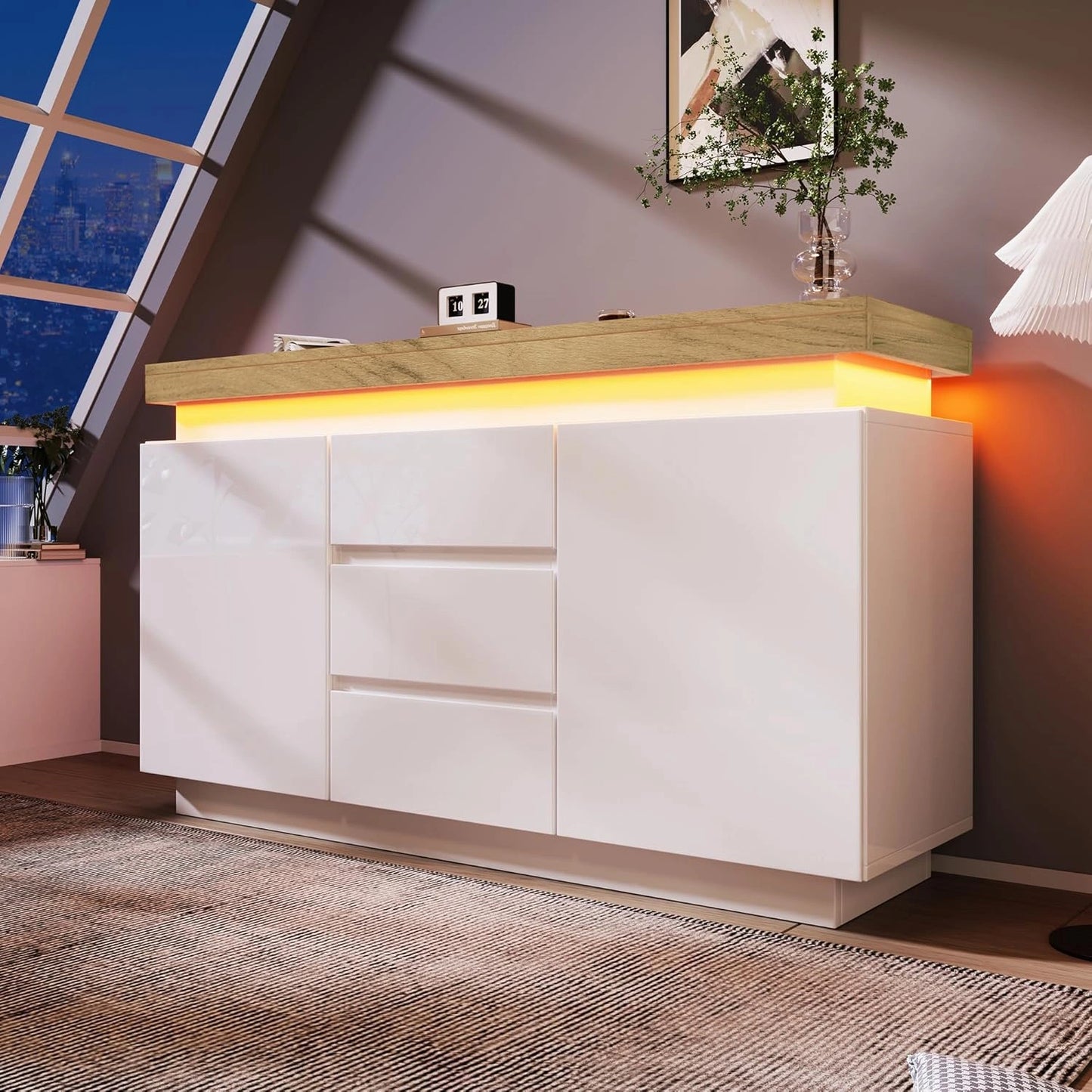 Armoire Buffet Brillance LED avec Application, 2 Portes & 3 Tiroirs, Polyvalent pour Salon et Chambre, 81 x 140 x 39 cm, Blanc