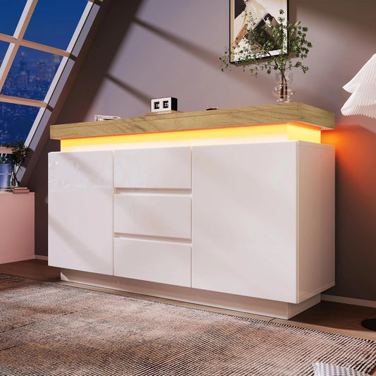 Armoire Buffet Brillance LED avec Application, 2 Portes & 3 Tiroirs, Polyvalent pour Salon et Chambre, 81 x 140 x 39 cm, Blanc