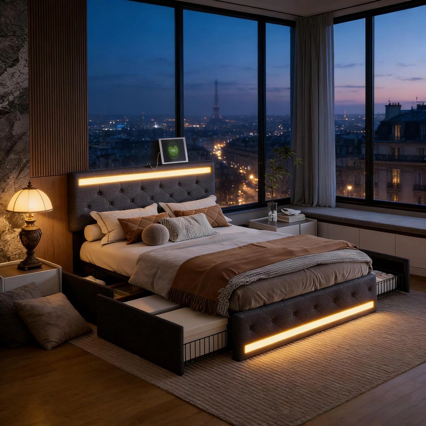 Lit Double 140x190 cm Rembourré de Lin avec LED, USB/Type-C et Rangements