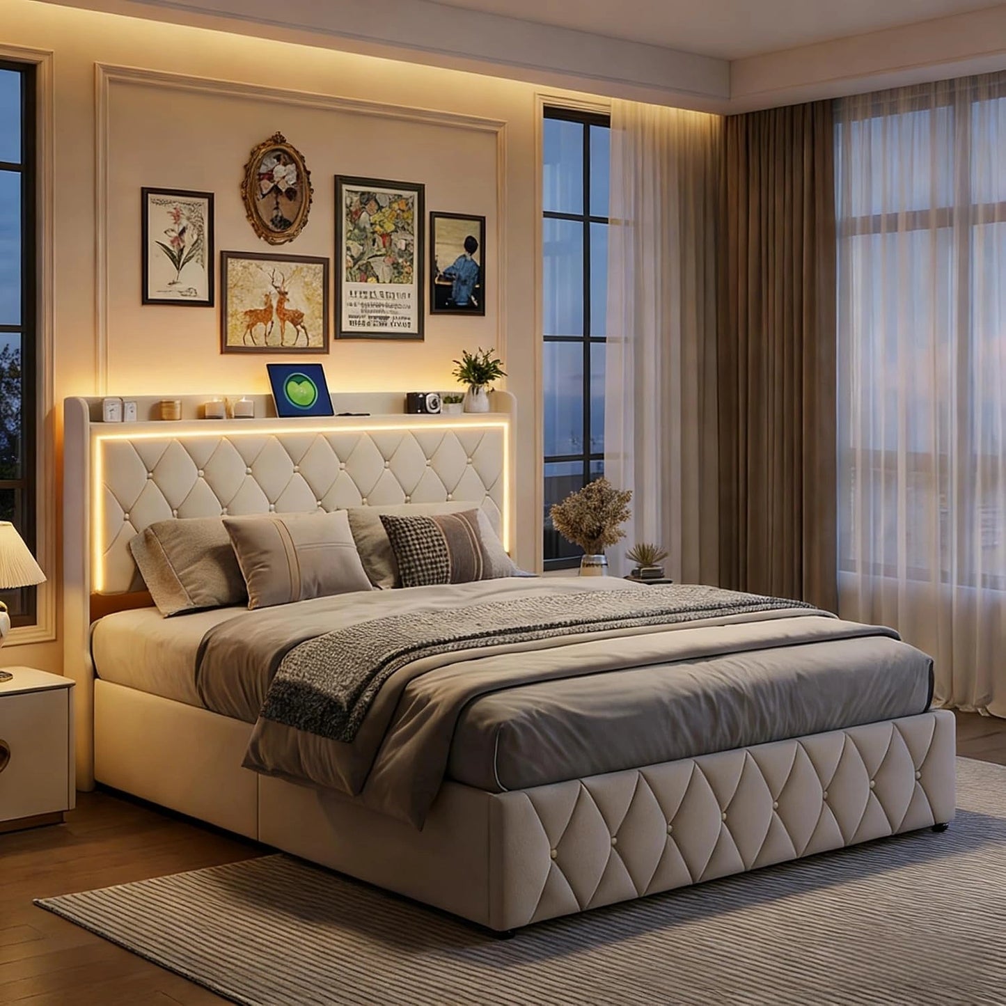 Lit Double 160x200cm en Velours Beige avec LED et USB, Tête de Lit Rangement et Sommier à Lattes