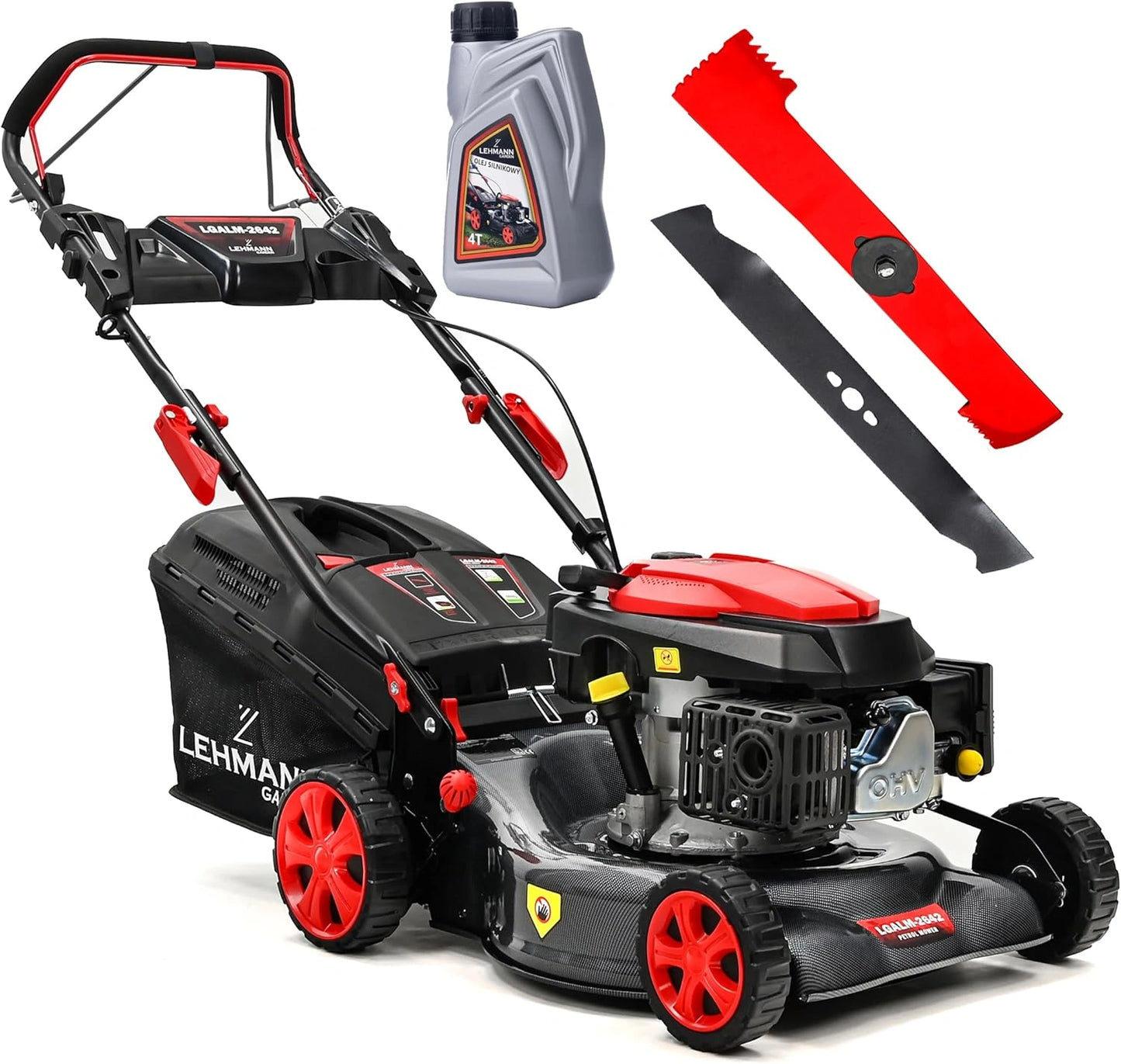 Tondeuse Autotractée Thermique LEHMANN 146cc, Largeur 42cm, 5 Hauteurs, Bac 40L, Jusqu'à 2000m², Châssis Carbone