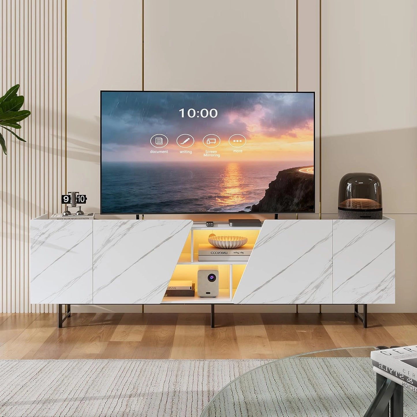 Meuble TV 220 cm avec Éclairage LED, Marbre Blanc, 4 Portes, 6 Compartiments, Design Moderne