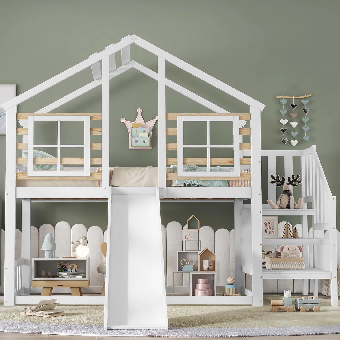Lit cabane enfant 90x200 en bois massif avec toboggan et escalier, blanc