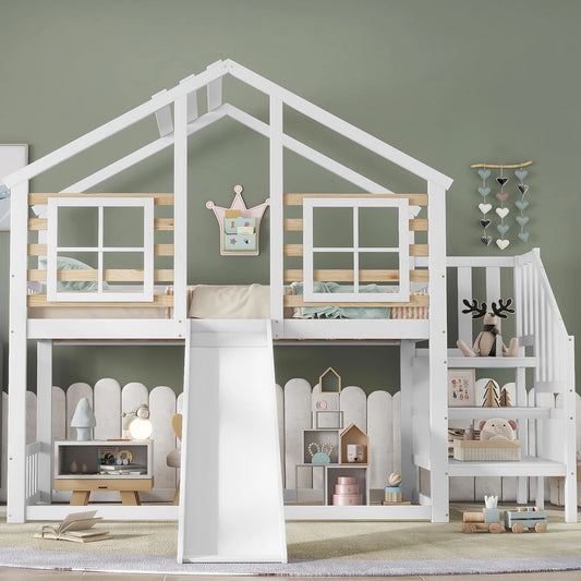 Lit cabane enfant 90x200 en bois massif avec toboggan et escalier, blanc