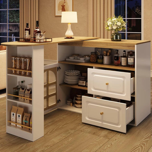 Table de Salle à Manger Pivotante 360° avec Rangement, Meuble Bar Mobile avec Portes, Tiroirs et Étagères Latérales - Blanc