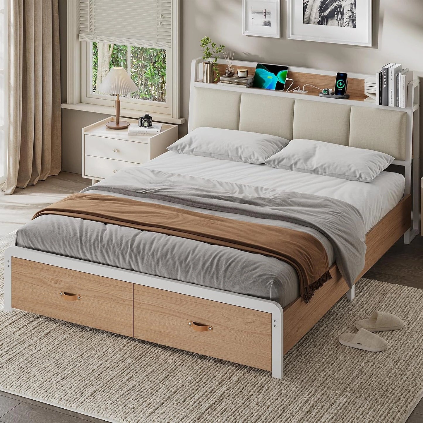 Lit Double 160x200 en Métal et Bois avec Rangement et Tiroirs, Blanc et Chêne Sonoma