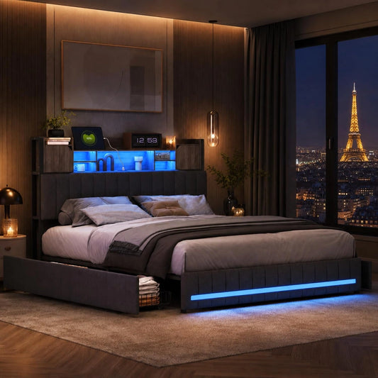 Lit Double 140x200 avec LED, USB et Rangement - Sommier à Lattes et 4 Tiroirs - Tête de Lit en Lin Gris pour Adultes et Adolescents