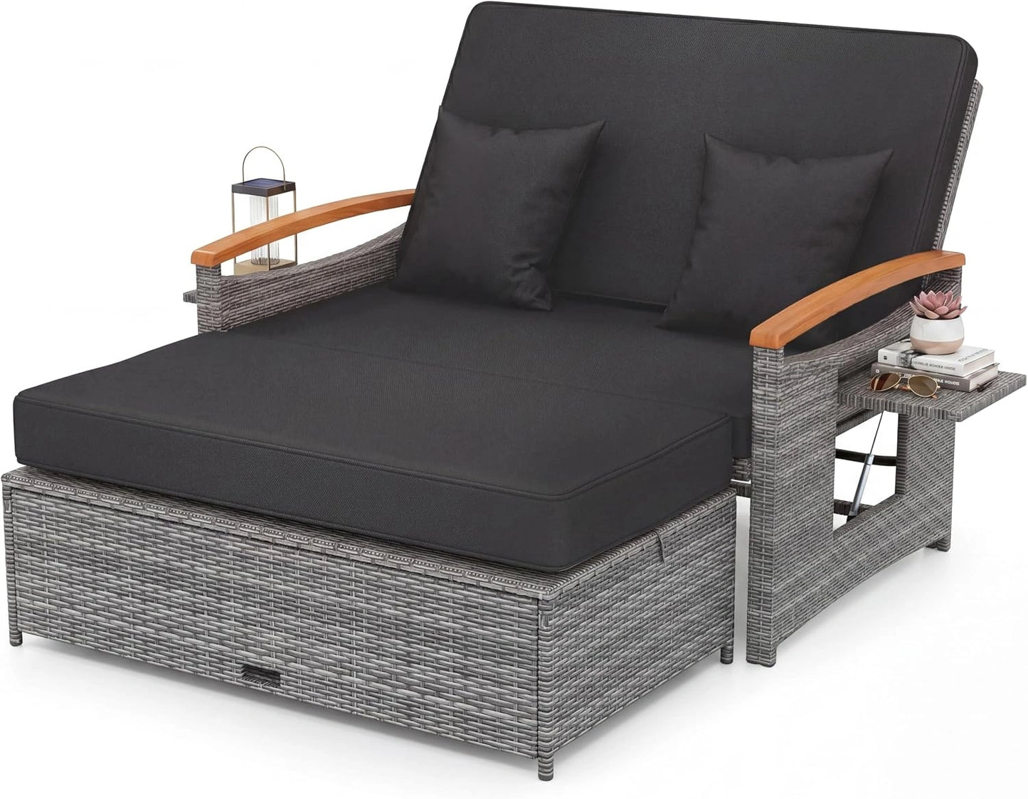 Ensemble de Mobilier de Jardin pour 2 Personnes avec Bain de Soleil Inclinable, Rotin PE Noir, Table d'Appoint et Oreillers