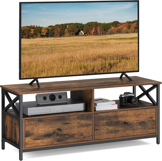 Meuble TV Moderne pour Écrans Jusqu'à 55 Pouces avec Rangement et Étagères, Style Industriel en Marron et Noir, 120x40x50 cm