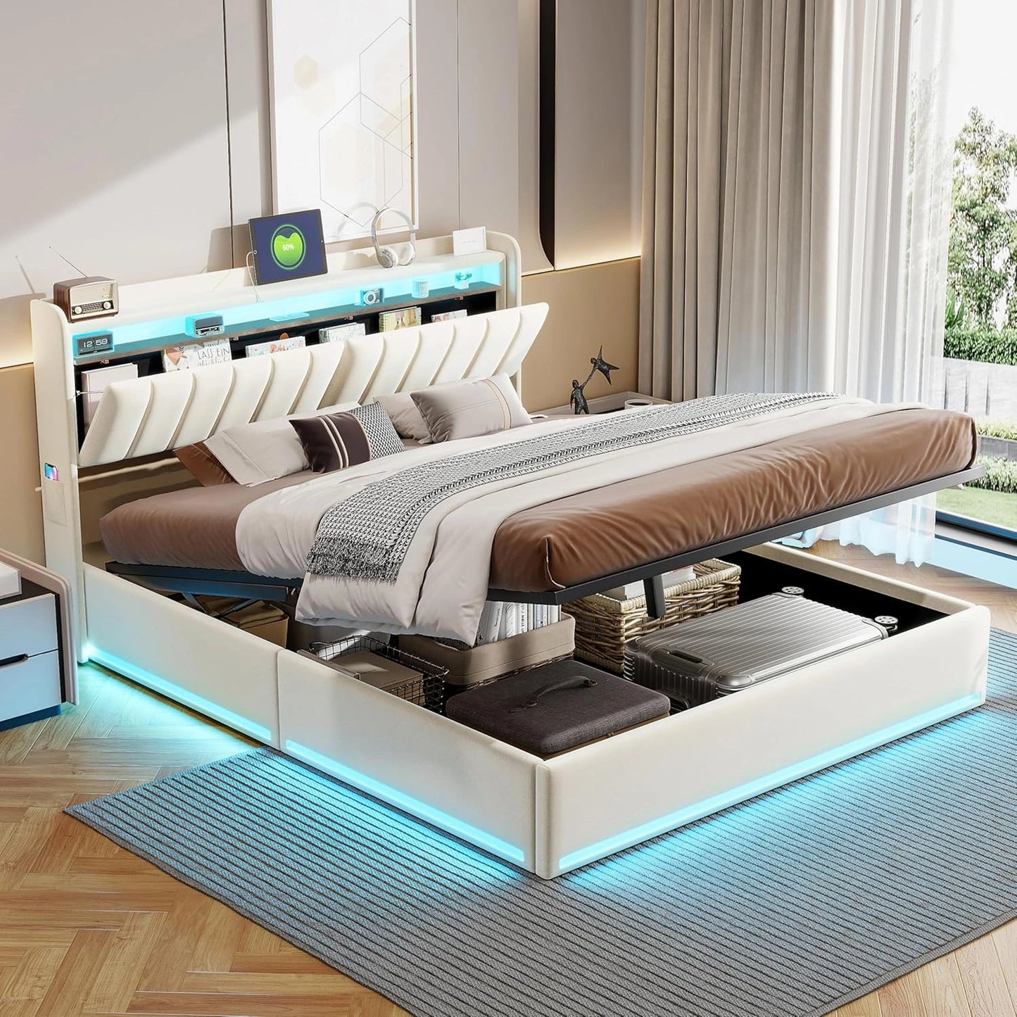Lit Double 140x200 Velours avec Rangement et LED, Lit Hydraulique avec USB et Sommier à Lattes, Tête de Lit Capitonnée, Adapté pour Adultes et Adolescents