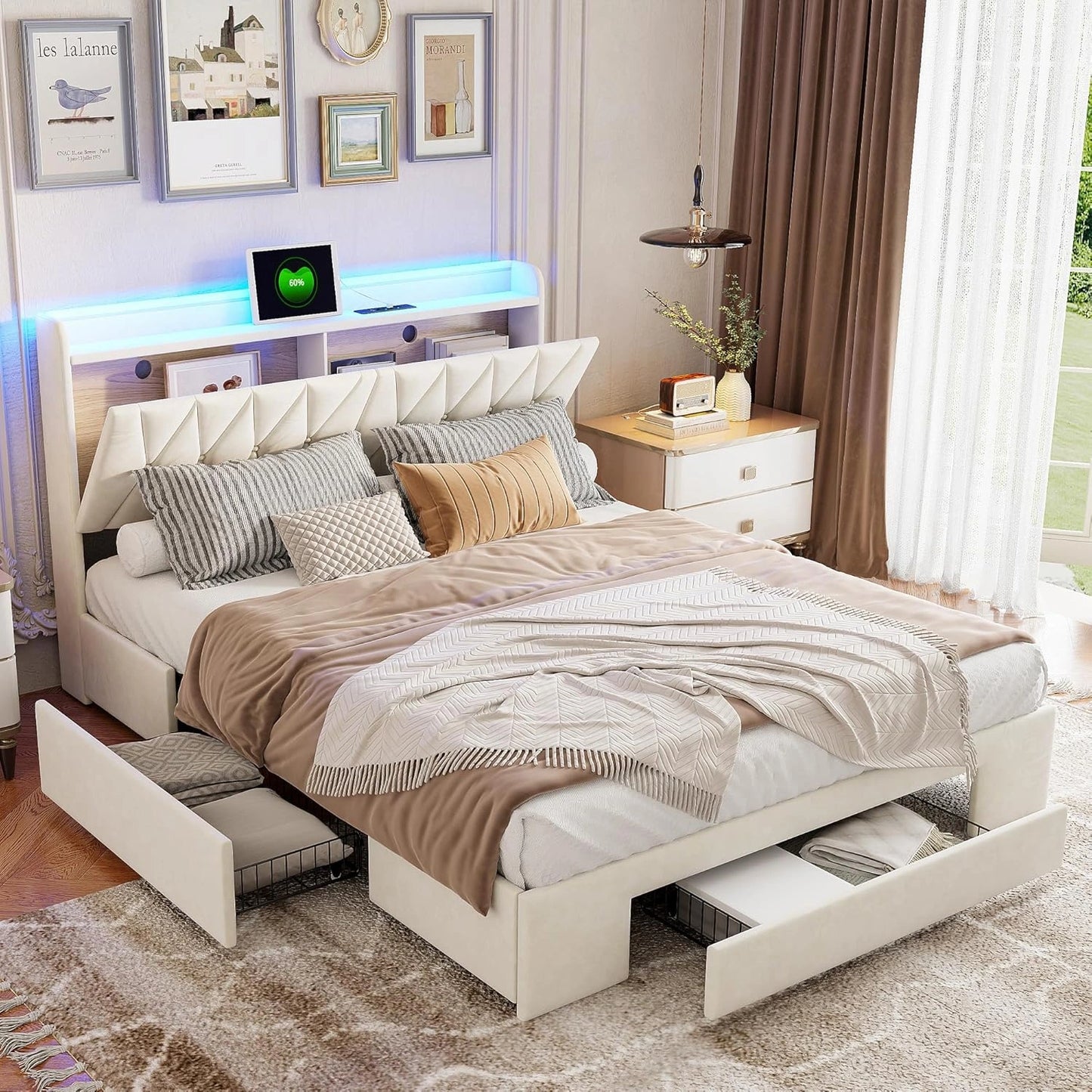 Lit en velours capitonné 160x200 cm avec rangement intégré, LED et ports USB
