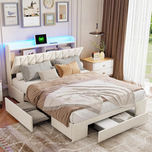 Lit en velours capitonné 160x200 cm avec rangement intégré, LED et ports USB