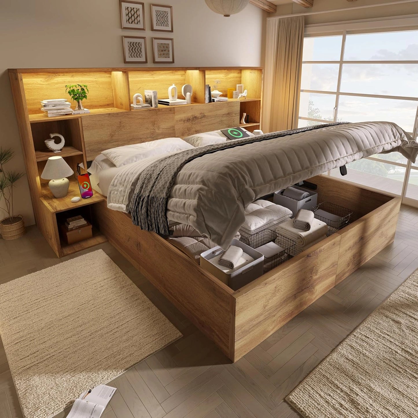 Lit Double en Bois avec Rangement et LED, Port USB-C et Tables de Chevet Intégrées, 160x200 cm, Aspect Chêne