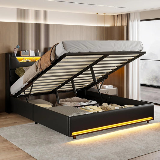 Lit Double 140x190 avec LED, USB et Rangement, Tête de Lit Capitonnée en Cuir PU Noir
