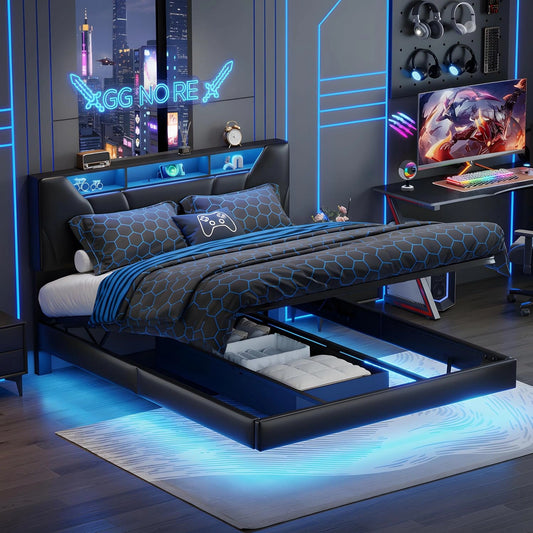 Lit Double 140x200 avec Sommier et LED, Ports USB/Type-C Intégrés, Tête de Lit avec Étagères, Design Moderne Flottant avec Rangement Caché (Noir)