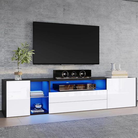 Meuble TV LED lumineux Merax, 2 portes et tiroirs, adapté téléviseur 75 pouces, 180 cm, Noir/Blanc