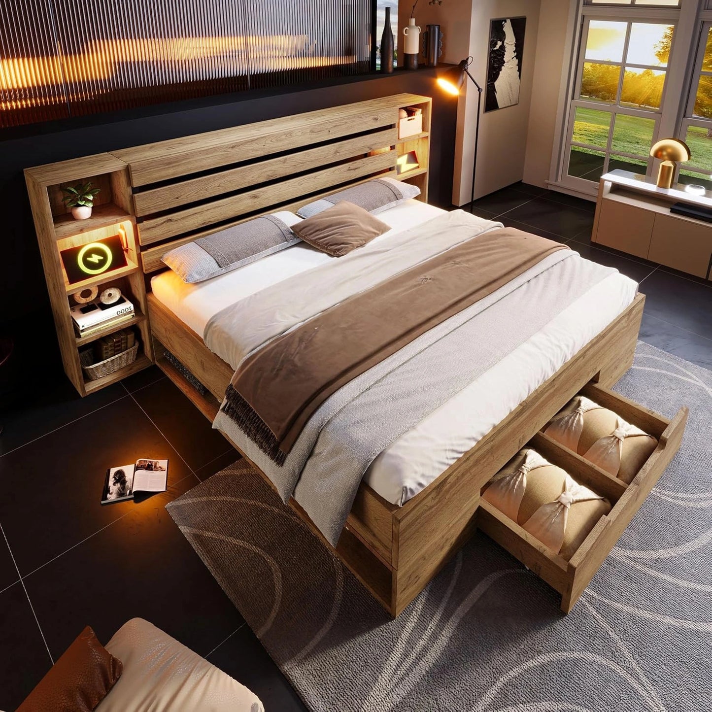 Lit King Size en Chêne Massif avec Éclairage LED et Port USB-C, Tête de Lit et Tiroirs de Rangement, Sommier Inclus