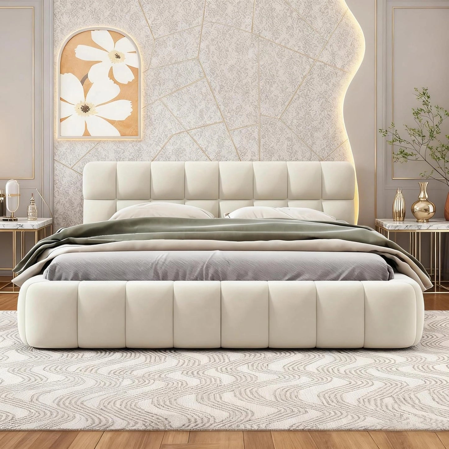 Lit double élégant 140x190 avec sommier à lattes et tête rembourrée, idéal pour chambre ado et d'hôtes, coloris beige lin