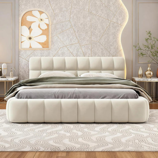 Lit double élégant 140x190 avec sommier à lattes et tête rembourrée, idéal pour chambre ado et d'hôtes, coloris beige lin