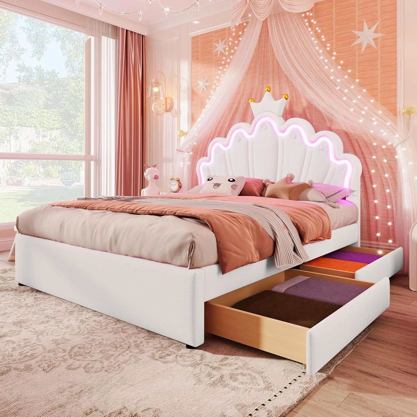 Lit Princess 140x200 pour Enfants avec Tête de Lit Couronne et LED 16 Couleurs, Cadre PU et Tiroirs