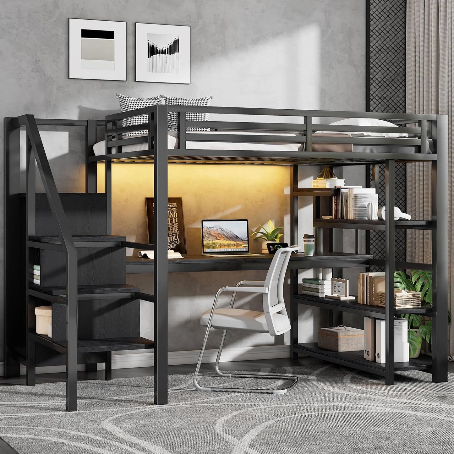 Lit Mezzanine en Métal 140x200 avec Échelle, Rangement Ouvert, Bureau Intégré, Ports USB et LED Bluetooth - Noir