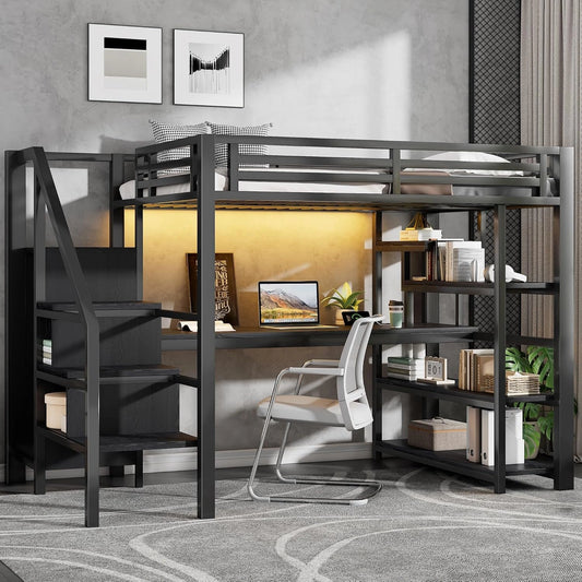 Lit Mezzanine en Métal 140x200 avec Échelle, Rangement Ouvert, Bureau Intégré, Ports USB et LED Bluetooth - Noir