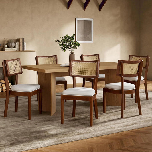 Ensemble de 6 chaises en bois avec dossier en rotin et coussin velours
