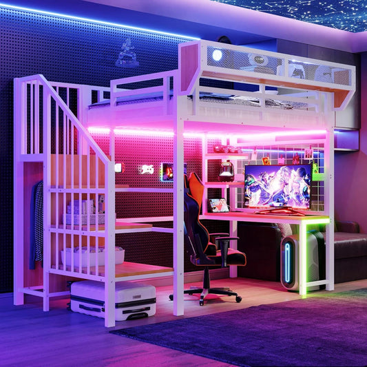 Lit Mezzanine Multifonctionnel avec Bureau et Étagère 90x200 cm, Blanc